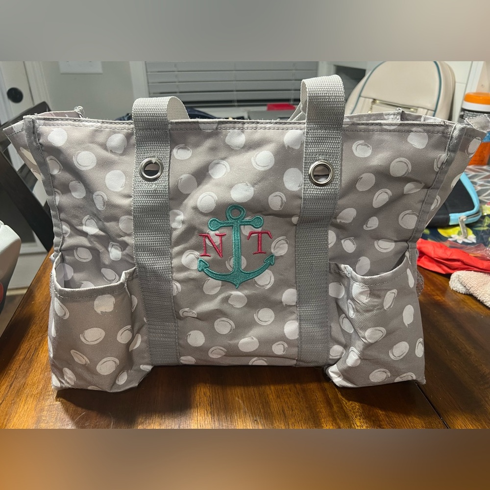 Thirty-One Gray Tote with White Polka Dots and Anchor Design